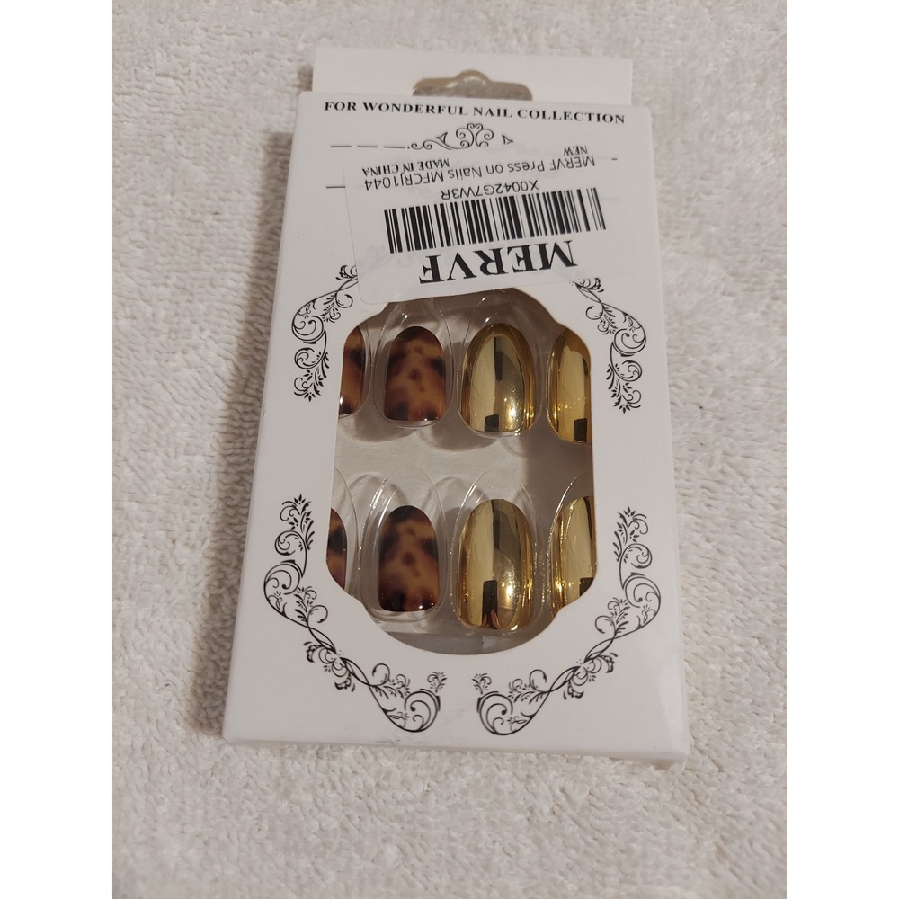 MERVE Press On Nails BUNDLE 2 FOR $25 Gold Brown Tortoise Oval Pointed 24 pc‎